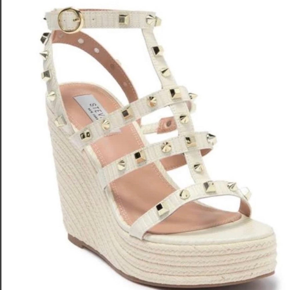 NIB Steven by Steve Madden SCOUTT Cage Studded Espadrille Wedge White Sandal 9